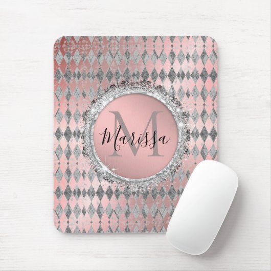 Silvery Pink Glittery Harlequin Monogram Mousepad (Mit Mouse)