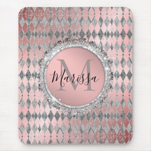 Silvery Pink Glittery Harlequin Monogram Mousepad (Vorne)