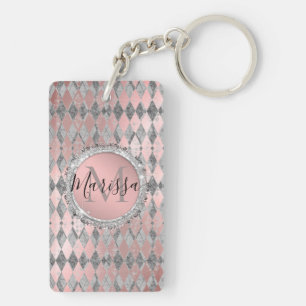 Silvery Pink Glittery Harlequin Monogram Schlüsselanhänger