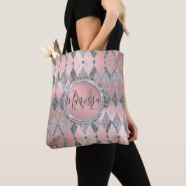 Silvery Pink Glittery Harlequin Monogram Tasche