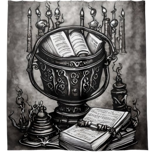 Silvery Steampunk Cauldron Spellbooks und Tränke Duschvorhang (Vorderseite)