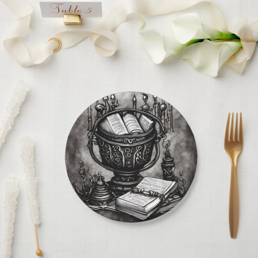 Silvery Steampunk Cauldron Spellbooks und Tränke Pappteller (Hochzeit)