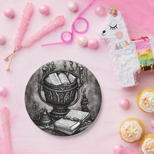 Silvery Steampunk Cauldron Spellbooks und Tränke Pappteller (Party)