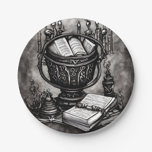 Silvery Steampunk Cauldron Spellbooks und Tränke Pappteller (Vorderseite)