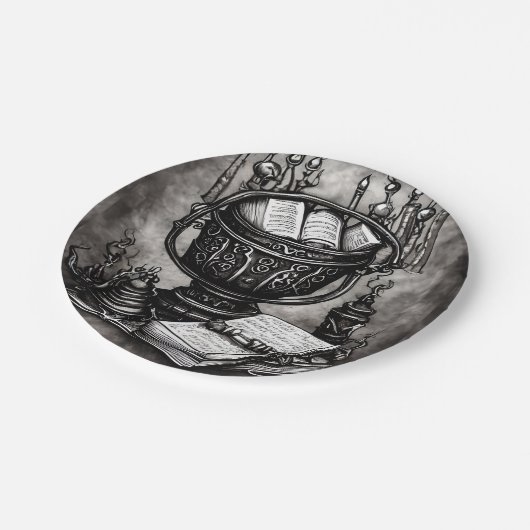 Silvery Steampunk Cauldron Spellbooks und Tränke Pappteller (Schrägansicht)