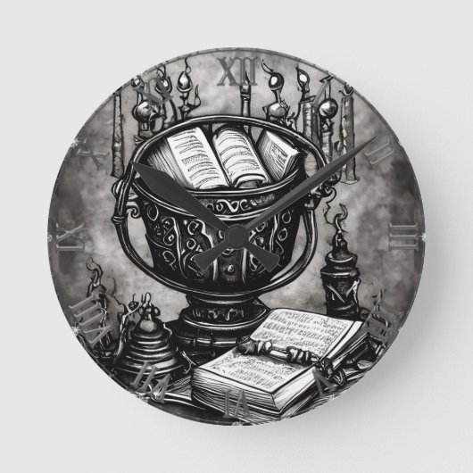 Silvery Steampunk Cauldron Spellbooks und Tränke Runde Wanduhr (Vorderseite)