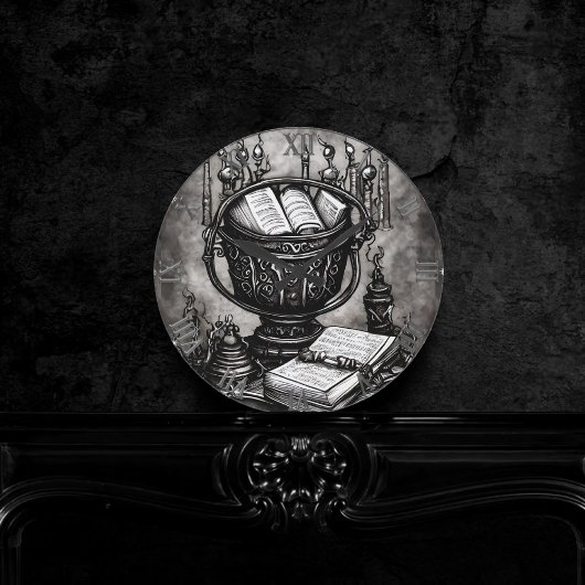 Silvery Steampunk Cauldron Spellbooks und Tränke Runde Wanduhr