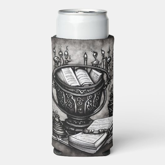 Silvery Steampunk Cauldron Spellbooks und Tränke Selters Dosenkühler (Seltzer Vorderseite)