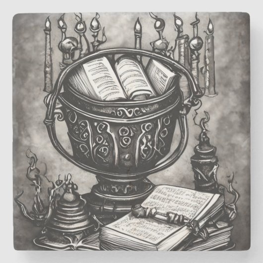 Silvery Steampunk Cauldron Spellbooks und Tränke Steinuntersetzer (Vorderseite)