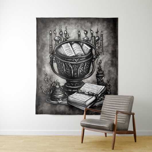 Silvery Steampunk Cauldron Spellbooks und Tränke Wandteppich (Beispiel)