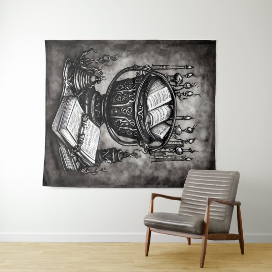 Silvery Steampunk Cauldron Spellbooks und Tränke Wandteppich (Beispiel (Horizontal))