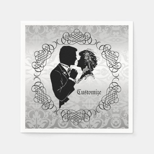 Silvery White Bridge & Groom Silhouette Napkins Serviette (Vorderseite)