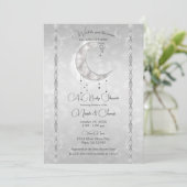 Silvery White Crescent Moon & Stars Babydusche Einladung (Stehend Vorderseite)