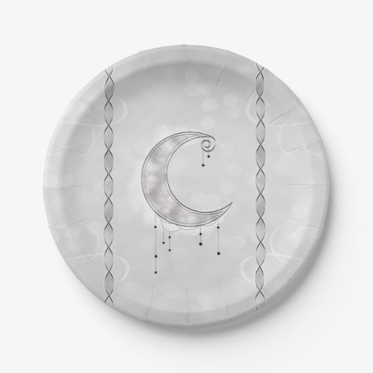 Silvery White Crescent Moon Stars Engagement Party Pappteller (Vorderseite)