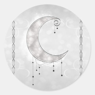 Silvery White Crescent Moon Stars Engagement Party Runder Aufkleber