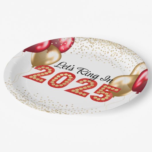 Silvester 2025 Party Roter und Goldmarsch Pappteller (Schrägansicht)