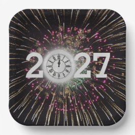 Silvester 2026 - Mond und Uhr Pappteller