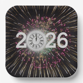 Silvester 2026 - Mond und Uhr Pappteller