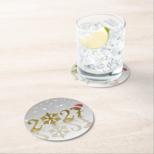 Silvester 2027 mit Schneeflocke und Weihnachtsmann Runder Pappuntersetzer