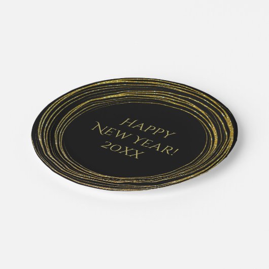 Silvester Black Gold Glitzer glücklich Neues Jahr Pappteller (Schrägansicht)
