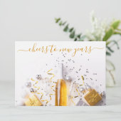 Silvester Chic Gold Champagne Streamers Party Einladung (Stehend Vorderseite)