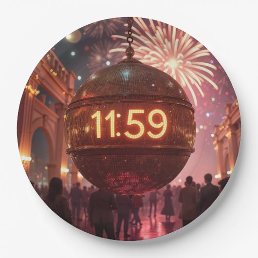 Silvester Countdown-Uhr mit Feuerwerk Pappteller (Vorderseite)
