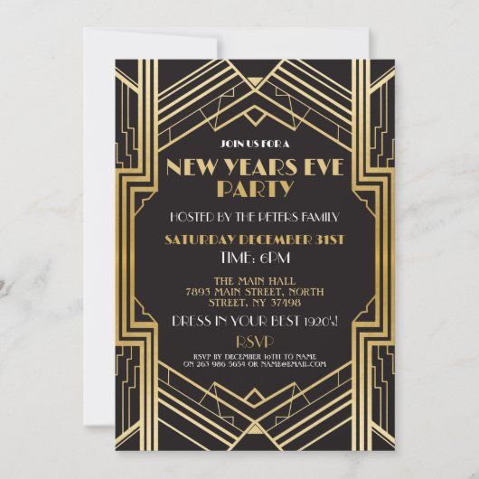 Silvester der 1920er Jahre laden Gatsby Party Gold Einladung (Vorderseite)