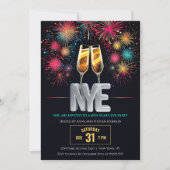 Silvester farbenfrohe Feuerwerke Champagner Einladung (Vorderseite)