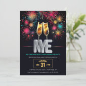 Silvester farbenfrohe Feuerwerke Champagner Einladung (Stehend Vorderseite)