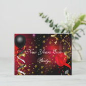 Silvester feiert Party Black Red Stars Einladung (Stehend Vorderseite)