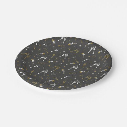 Silvester Feuerwerk und Champagnergläser Pappteller (Schrägansicht)