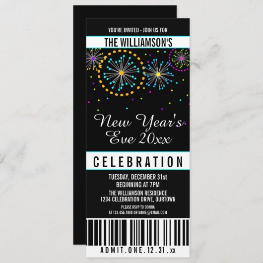 Silvester Fireworks Ticket Style Einladungen (Vorne/Hinten)