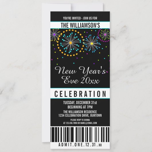 Silvester Fireworks Ticket Style Einladungen (Vorderseite)