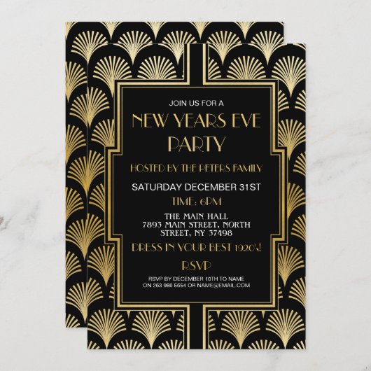 Silvester Gatsby Party Black & Gold Fan Einladung (Vorne/Hinten)
