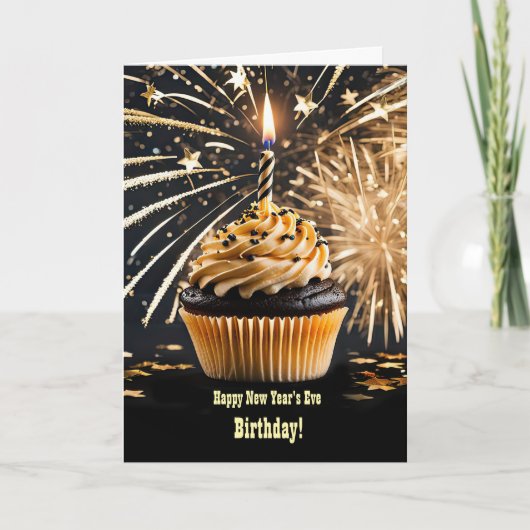 Silvester Geburtstag mit Cupcake Fireworks Star Karte (Vorderseite)