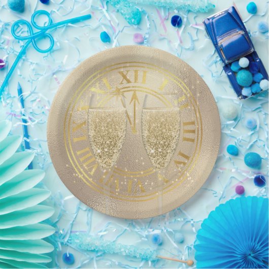 Silvester Gold Champagner Brille auf Uhr Pappteller (Party)