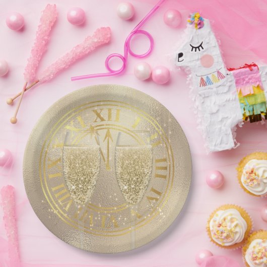 Silvester Gold Champagner Brille auf Uhr Pappteller (Party)