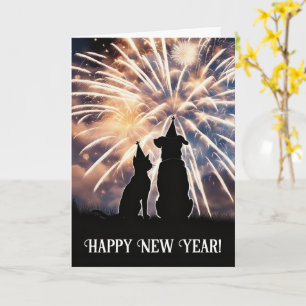 Silvester-Katzen-Hunde-Partyhüte Feuerwerkswünsche Karte