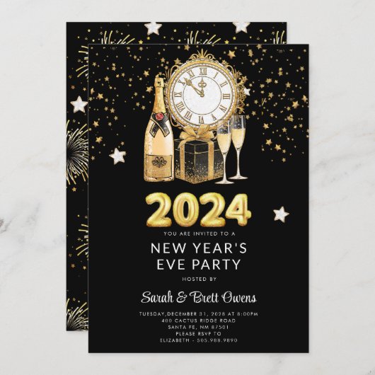 Silvester Party 2023 Gold Champagne Stars Einladung (Vorne/Hinten)