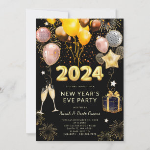 Silvester Party 2023 Gold Glitzer auf Schwarz Einladung