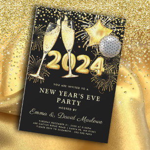 Silvester Party 2023 Gold Glitzer auf Schwarz Einladung