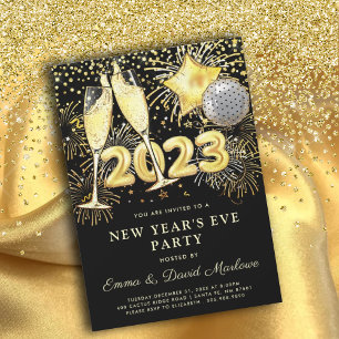 Silvester Party 2023 Gold Glitzer auf Schwarz Einladung