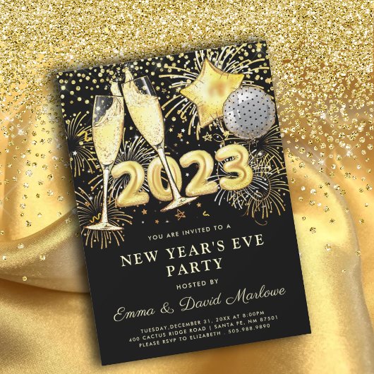 Silvester Party 2023 Gold Glitzer auf Schwarz Einladung
