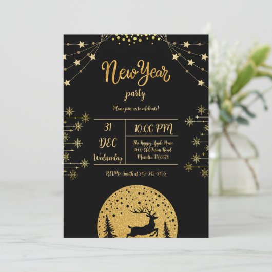 Silvester Party 2024 Gold Glitzer auf Schwarz Einladung (Stehend Vorderseite)