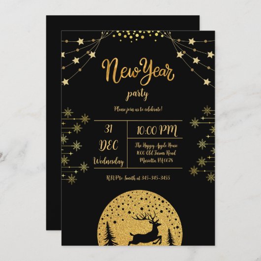 Silvester Party 2024 Gold Glitzer auf Schwarz Einladung (Vorne/Hinten)