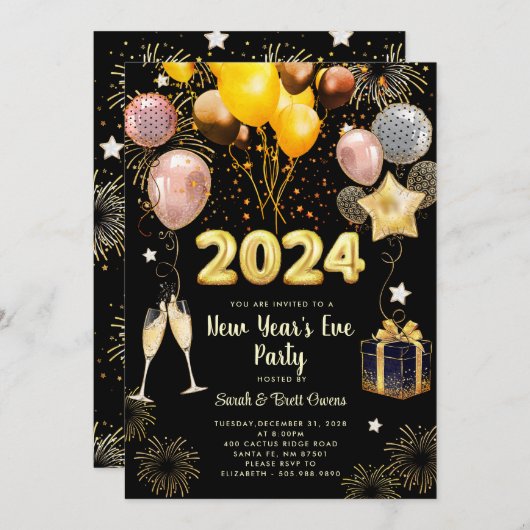 Silvester Party 2024 Gold Glitzer auf Schwarz Einladung (Vorne/Hinten)