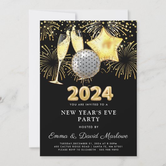Silvester Party 2024 Gold Glitzer auf Schwarz Einladung (Vorderseite)