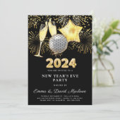 Silvester Party 2024 Gold Glitzer auf Schwarz Einladung (Stehend Vorderseite)