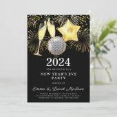 Silvester Party 2024 Gold Glitzer auf Schwarz I Einladung (Stehend Vorderseite)
