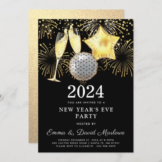 Silvester Party 2024 Gold Glitzer auf Schwarz I Einladung (Vorne/Hinten)